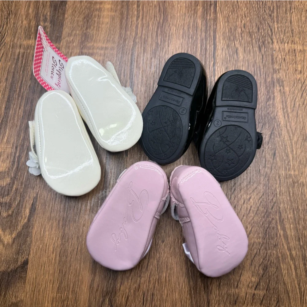 Pink black ivory baby girl formal dress shoes size 2 bows flowers 3-6 months